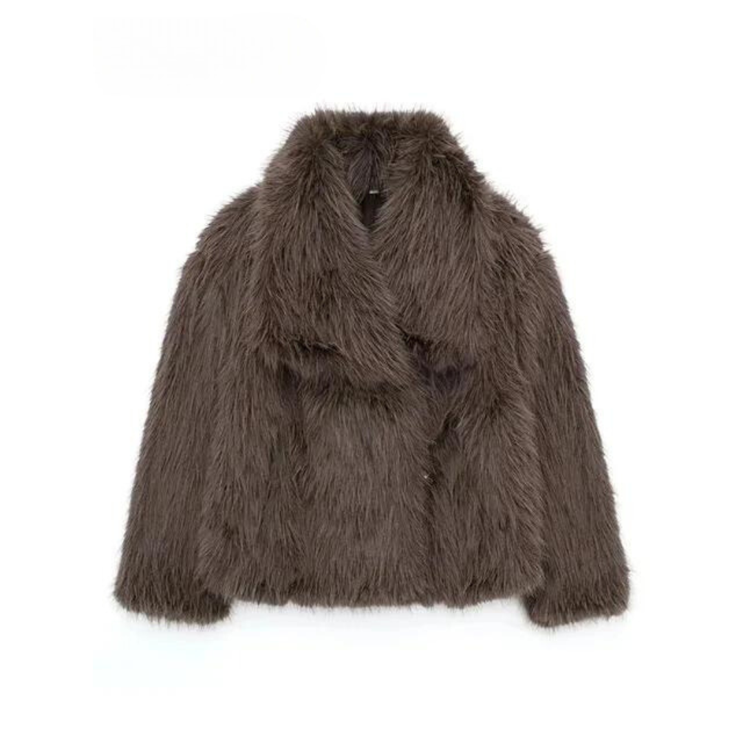 Brown faux fur jacket on a white background