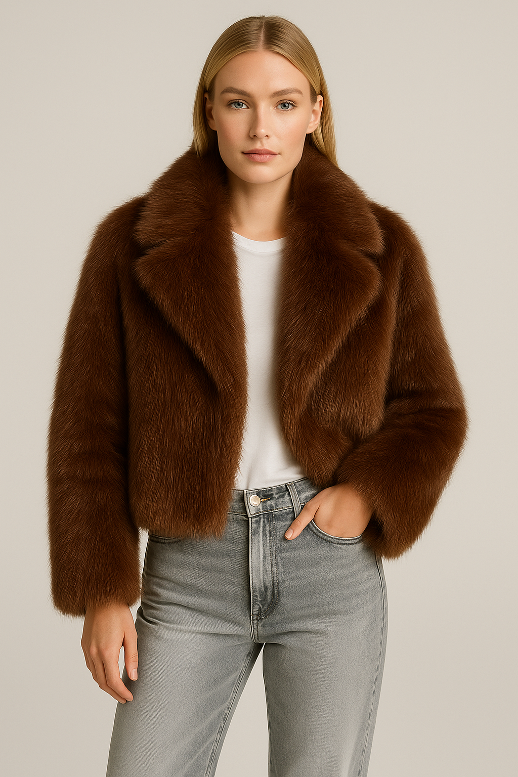 Woman wearing a brown fur coat with a plain background
