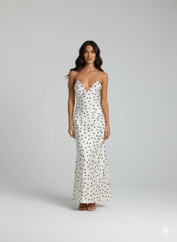 Woman wearing a white dress with black polka dots on a plain background