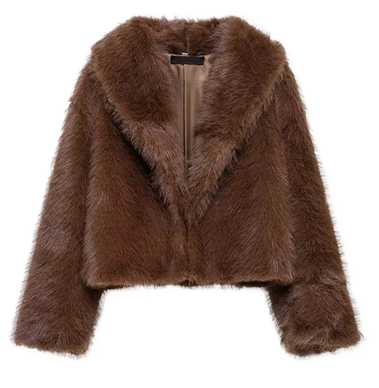 Brown faux fur jacket on a white background