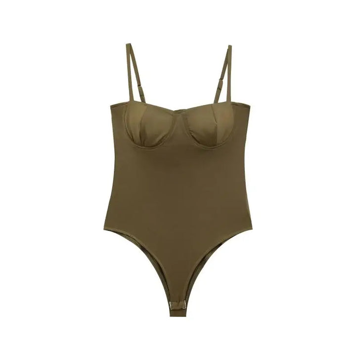 Khaki green swimsuit with thin straps on a white background