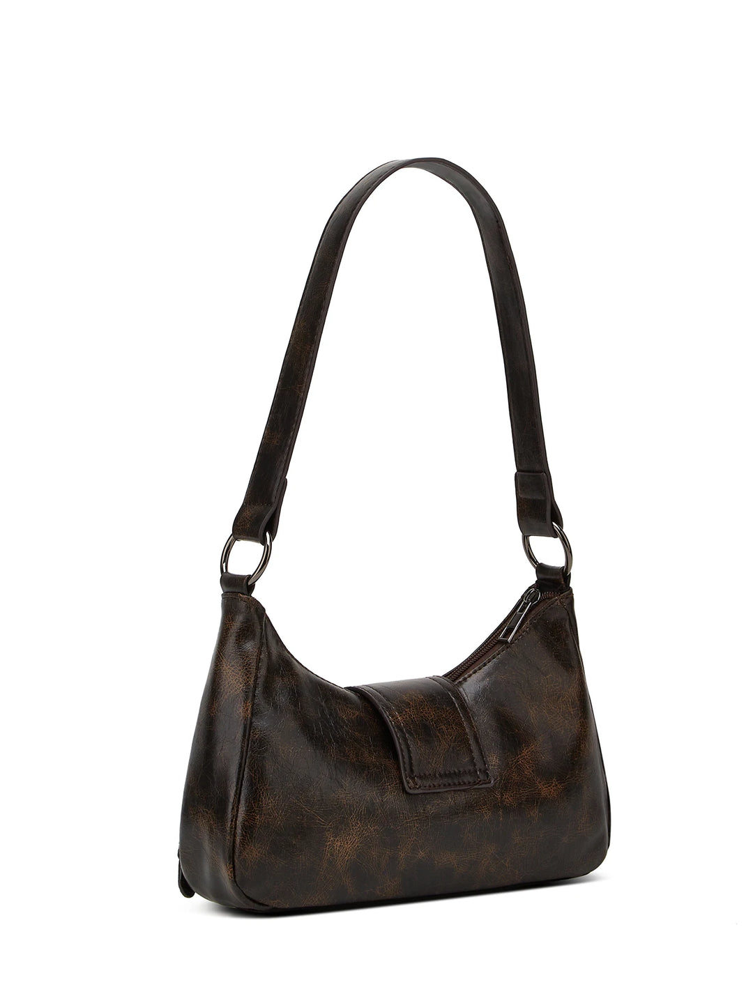 Brown leather handbag with a strap on a white background