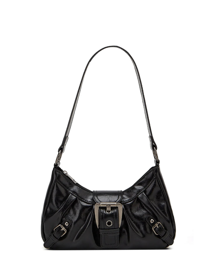 Black handbag with a strap on a white background