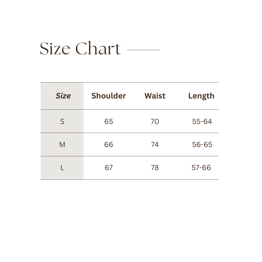 Size chart for clothing with shoulder, waist, and length measurements.