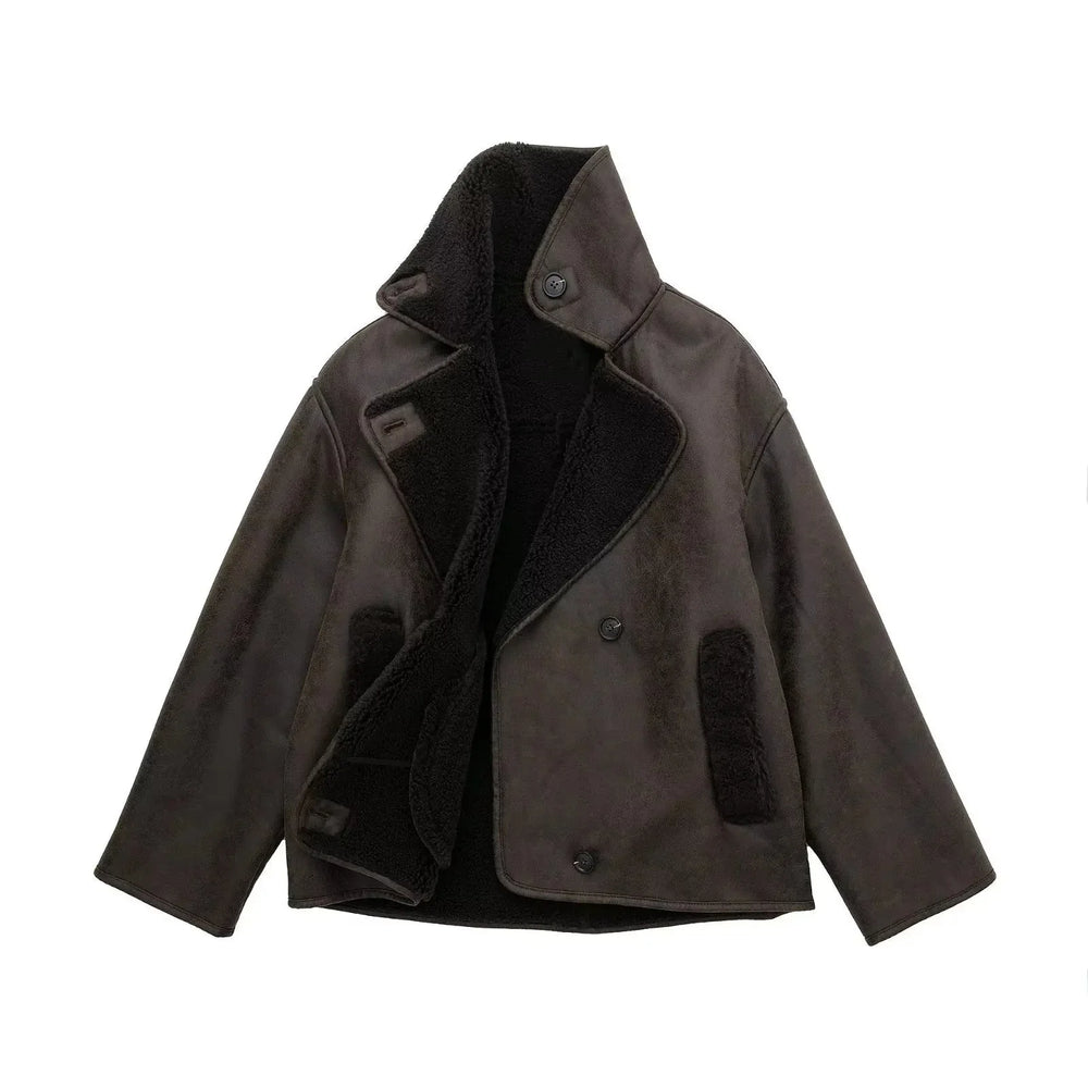 Dark brown leather jacket with black interior on a white background