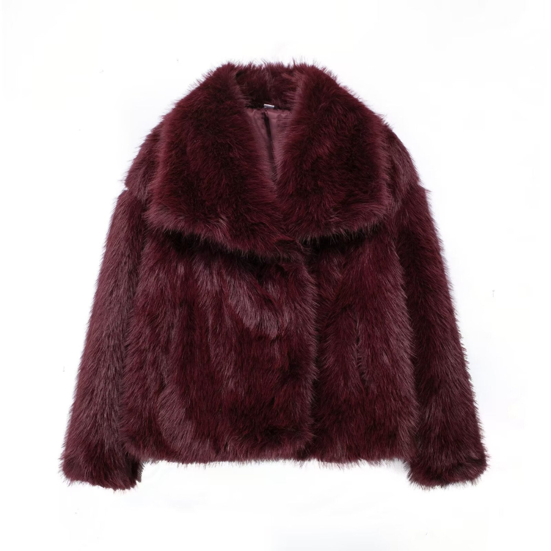 Maroon faux fur jacket on a white background