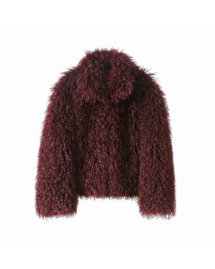 Maroon fuzzy jacket on a white background