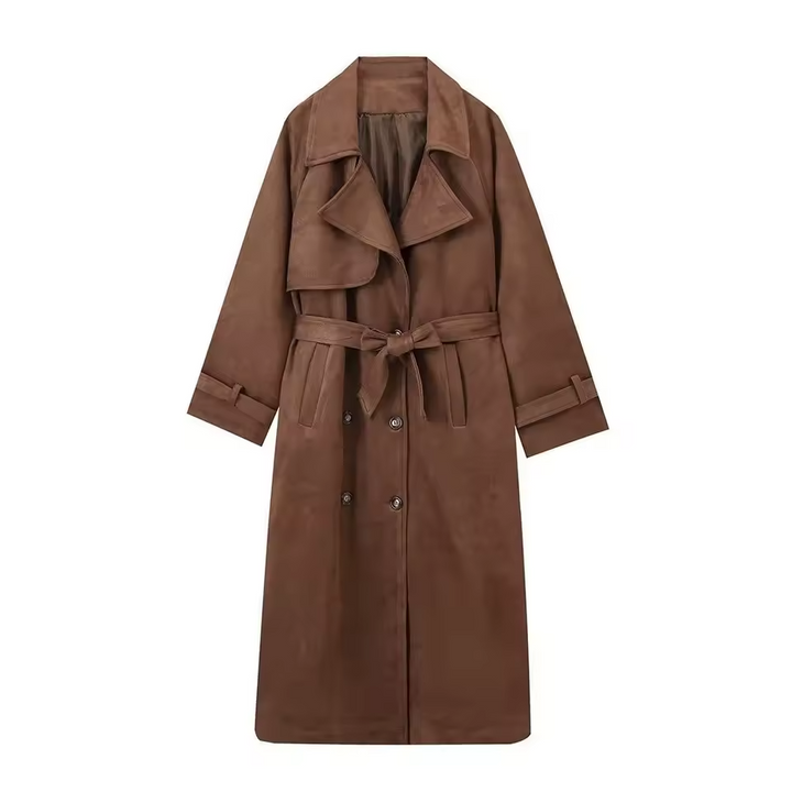 Retro Suede Long Trench Coat With Belt